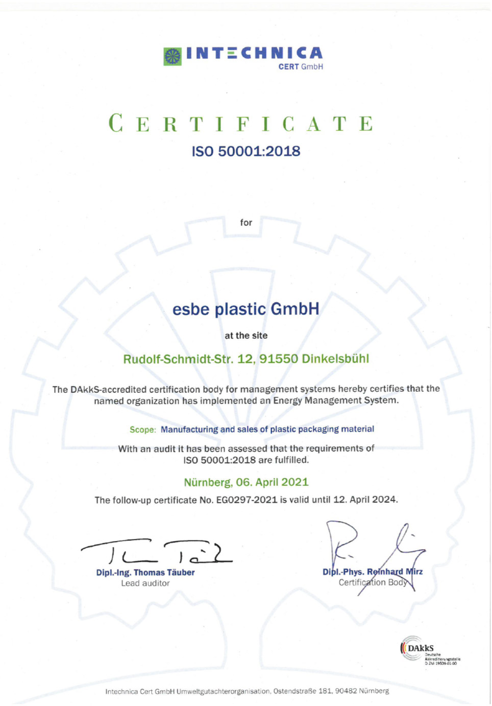 ISO 50001 2018 Zertifikat Herstellung und Vertrieb Verpackungsmaterial aus Kunststoff Englisch Vorschau