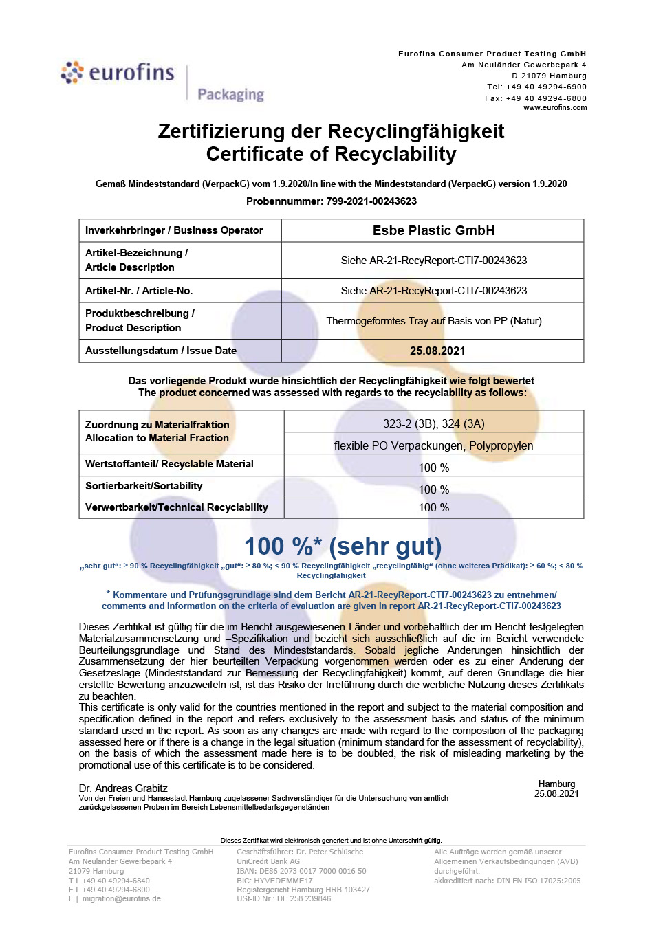 Zertifikat Recyclingfahigkeit esbe plastic GmbH
